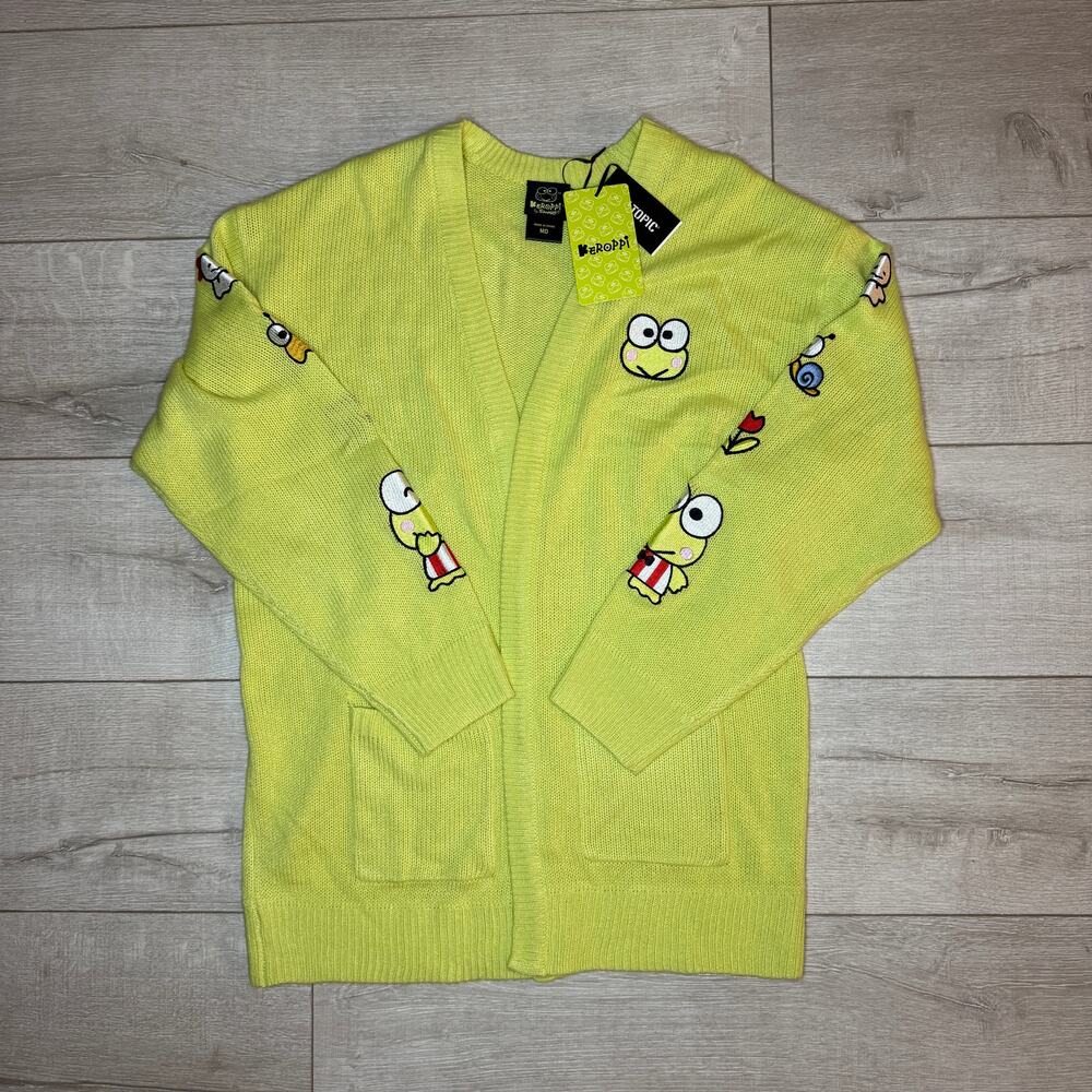 Sanrio Keroppi Open Front Knit Cardigan Sweater Lime Green Sleeves Medium NWT